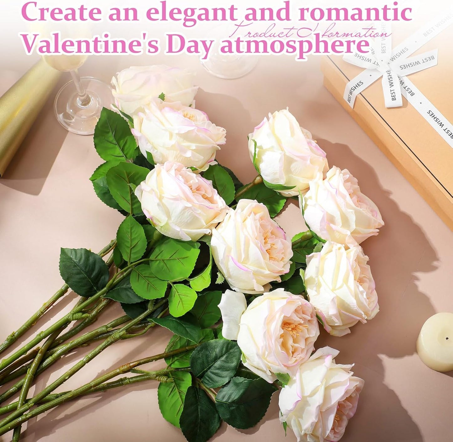 10pcs Peonies Artificial Flowers, Faux Austin Rose with Long Stem Look Real Fake Flower for Wedding Vase Party Home Kitchen Arrangement Decor(Champagne)