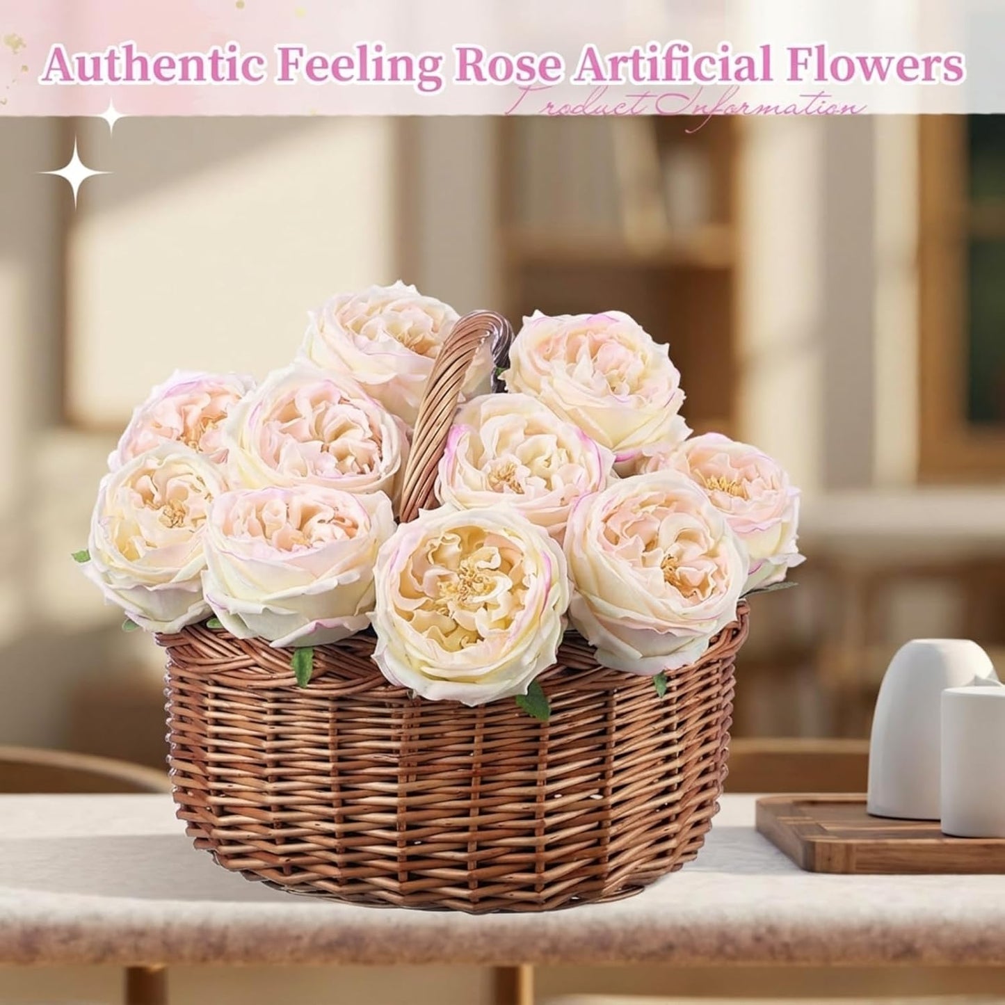 10pcs Peonies Artificial Flowers, Faux Austin Rose with Long Stem Look Real Fake Flower for Wedding Vase Party Home Kitchen Arrangement Decor(Champagne)