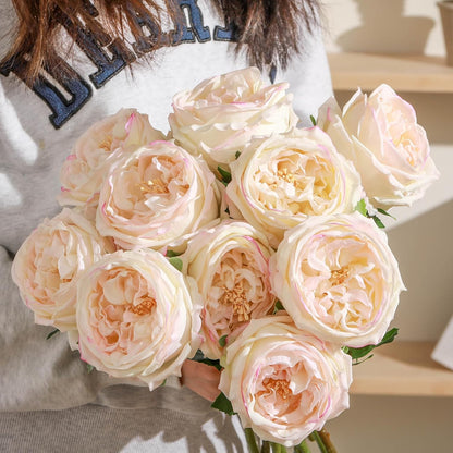 10pcs Peonies Artificial Flowers, Faux Austin Rose with Long Stem Look Real Fake Flower for Wedding Vase Party Home Kitchen Arrangement Decor(Champagne)