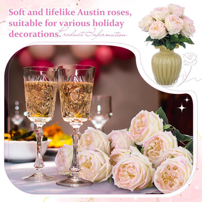 10pcs Peonies Artificial Flowers, Faux Austin Rose with Long Stem Look Real Fake Flower for Wedding Vase Party Home Kitchen Arrangement Decor(Champagne)