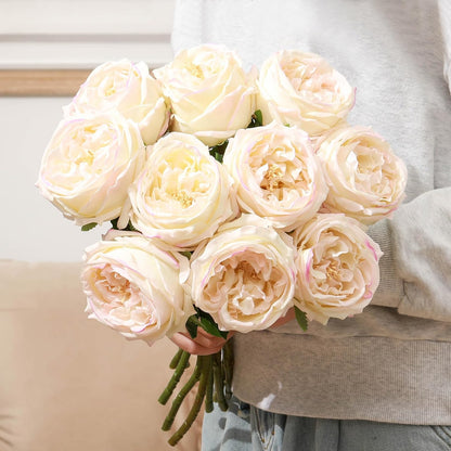 10pcs Peonies Artificial Flowers, Faux Austin Rose with Long Stem Look Real Fake Flower for Wedding Vase Party Home Kitchen Arrangement Decor(Champagne)