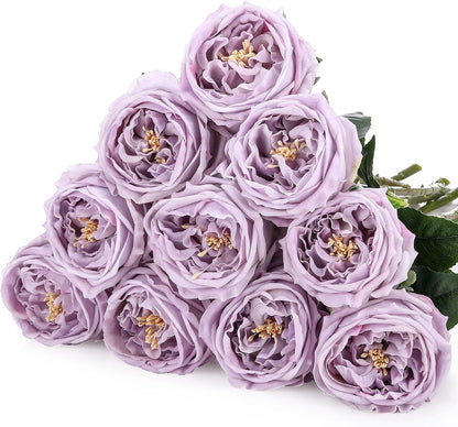 10pcs Peonies Artificial Flowers, Faux Austin Rose with Long Stem Look Real Fake Flower for Wedding Vase Party Home Kitchen Arrangement Decor(Champagne)