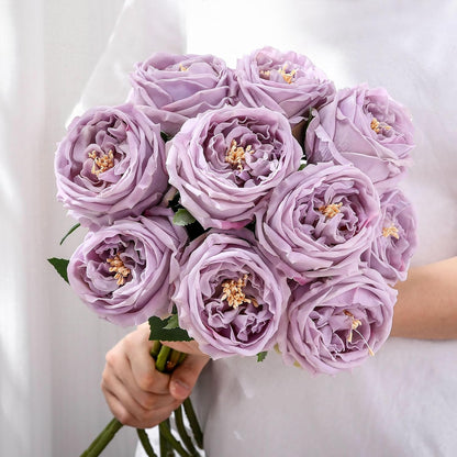 10pcs Peonies Artificial Flowers, Faux Austin Rose with Long Stem Look Real Fake Flower for Wedding Vase Party Home Kitchen Arrangement Decor(Champagne)