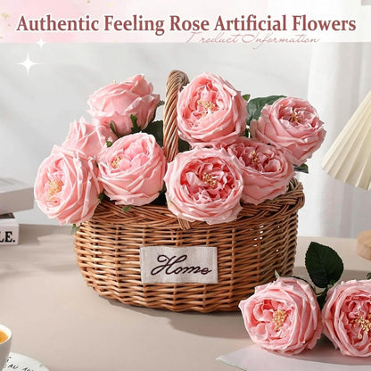 10pcs Peonies Artificial Flowers, Faux Austin Rose with Long Stem Look Real Fake Flower for Wedding Vase Party Home Kitchen Arrangement Decor(Champagne)