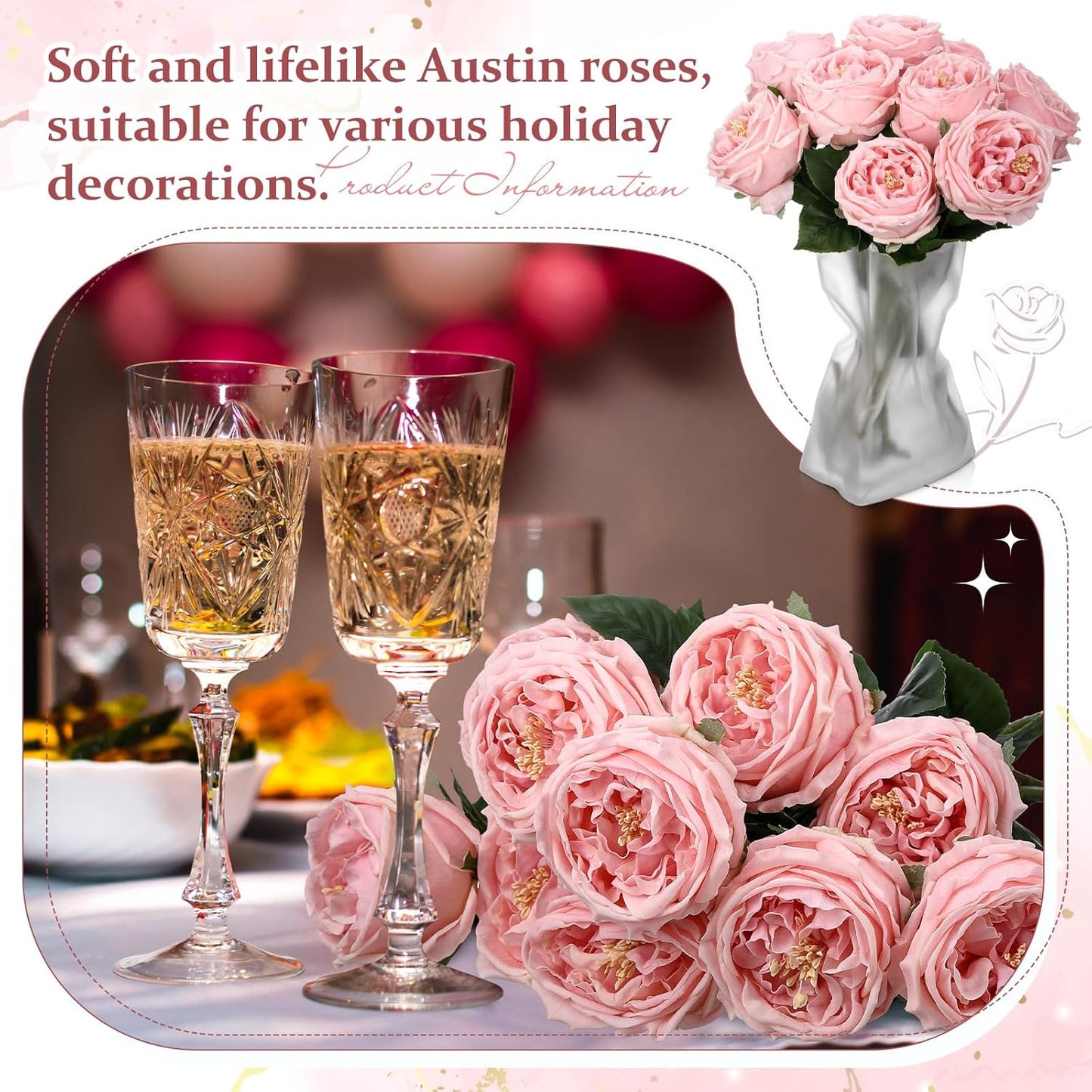 10pcs Peonies Artificial Flowers, Faux Austin Rose with Long Stem Look Real Fake Flower for Wedding Vase Party Home Kitchen Arrangement Decor(Champagne)