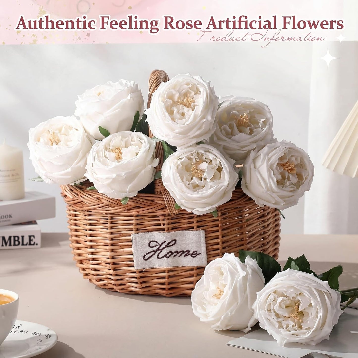 10pcs Peonies Artificial Flowers, Faux Austin Rose with Long Stem Look Real Fake Flower for Wedding Vase Party Home Kitchen Arrangement Decor(Champagne)