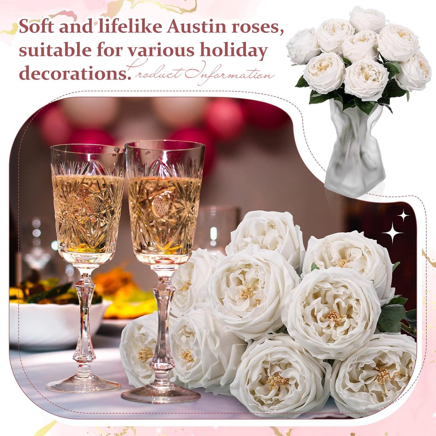 10pcs Peonies Artificial Flowers, Faux Austin Rose with Long Stem Look Real Fake Flower for Wedding Vase Party Home Kitchen Arrangement Decor(Champagne)