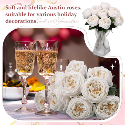 10pcs Peonies Artificial Flowers, Faux Austin Rose with Long Stem Look Real Fake Flower for Wedding Vase Party Home Kitchen Arrangement Decor(Champagne)
