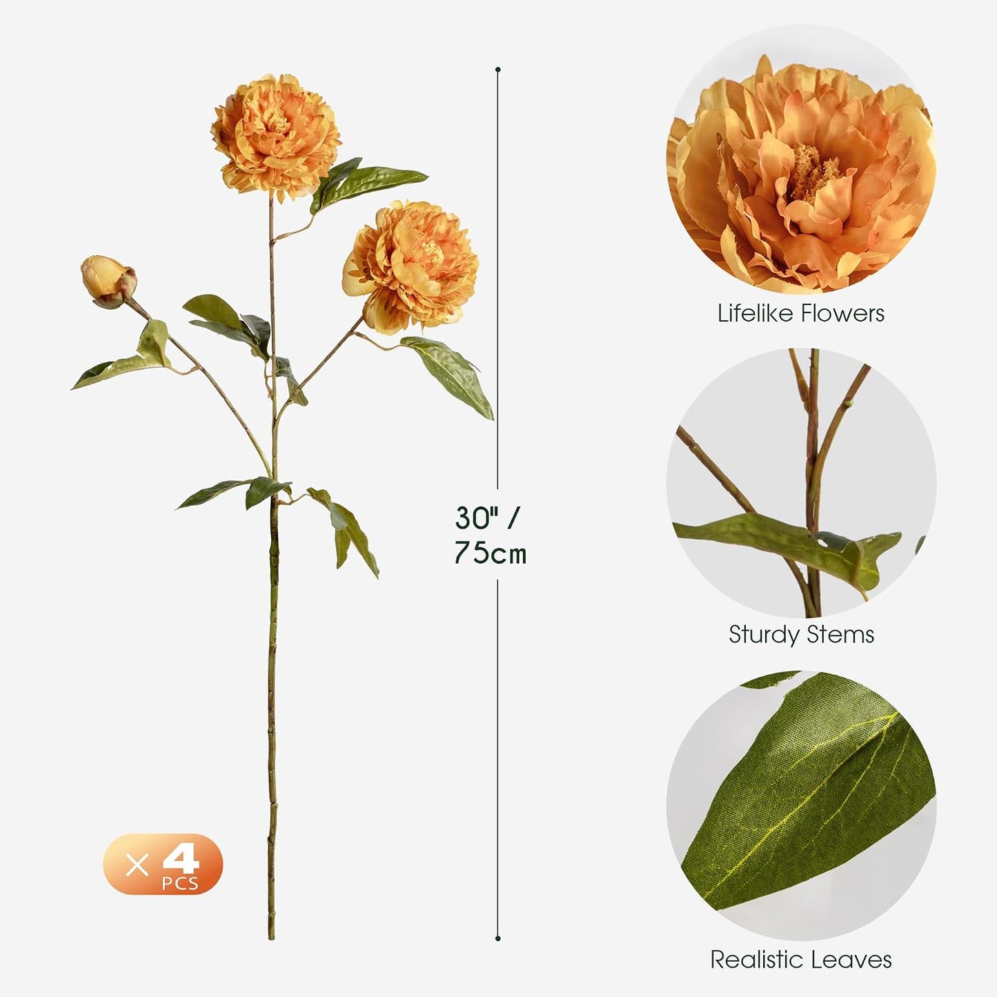 4Pcs Faux Peonies Artificial Flowers Bulk for Vase, Real Touch Faux Peony Silk Flowers that Look Real, Long Stem Fake Peonies Bouquets for Home Table Wedding Flower Stem Decor (Yellow)