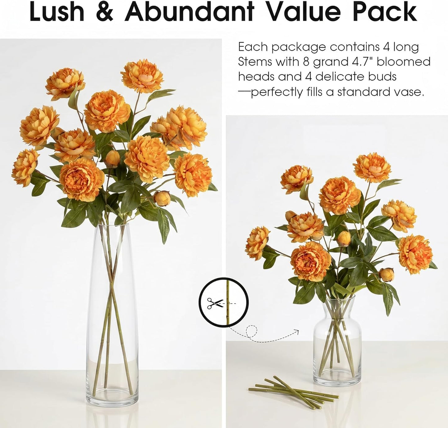 4Pcs Faux Peonies Artificial Flowers Bulk for Vase, Real Touch Faux Peony Silk Flowers that Look Real, Long Stem Fake Peonies Bouquets for Home Table Wedding Flower Stem Decor (Yellow)
