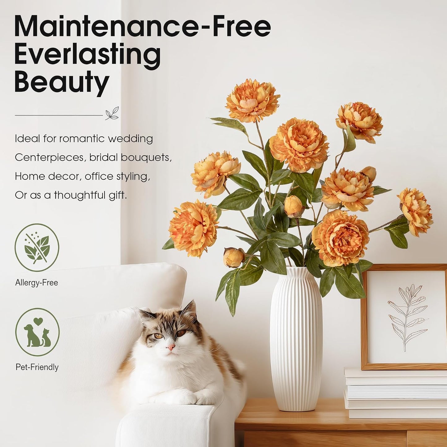 4Pcs Faux Peonies Artificial Flowers Bulk for Vase, Real Touch Faux Peony Silk Flowers that Look Real, Long Stem Fake Peonies Bouquets for Home Table Wedding Flower Stem Decor (Yellow)