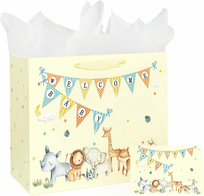 13" Large Baby Boy Girl Gift Bag for Baby Shower with Tissue Paper and Greeting Card (Yellow) | With Handles, Tissue Paper and Card