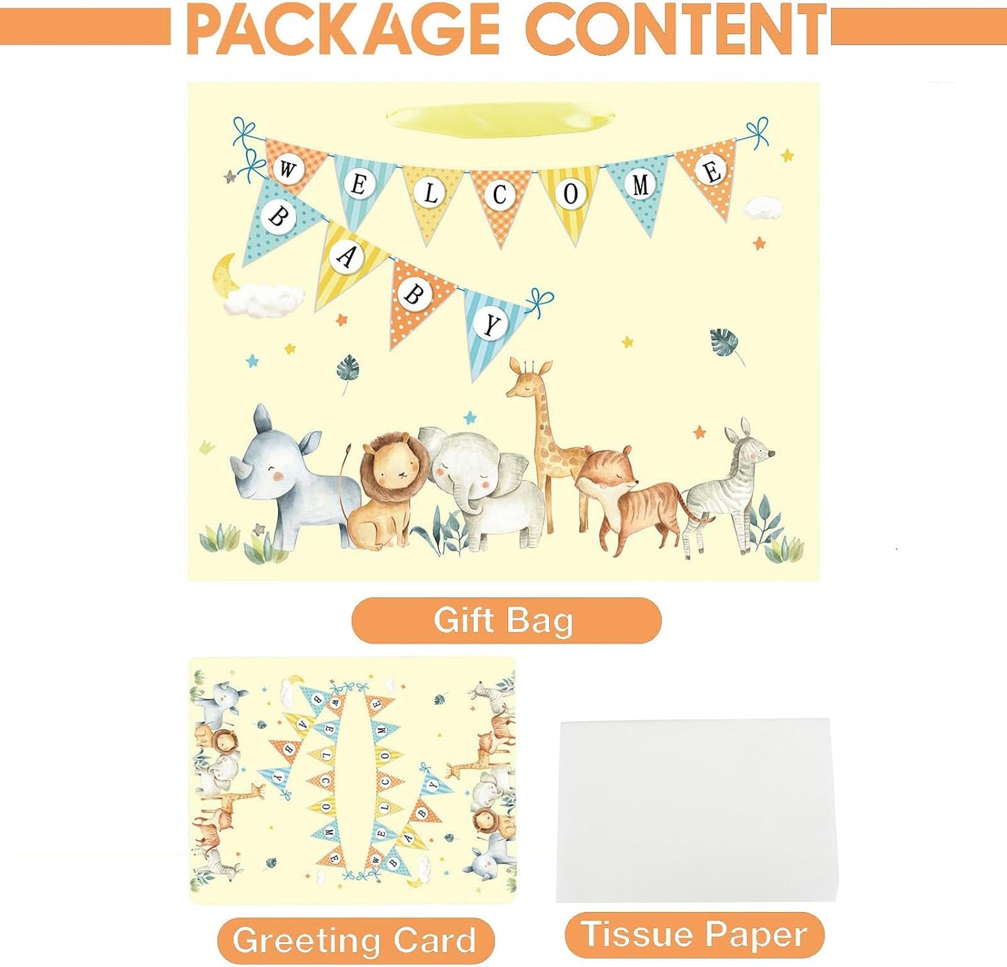13" Large Baby Boy Girl Gift Bag for Baby Shower with Tissue Paper and Greeting Card (Yellow) | With Handles, Tissue Paper and Card