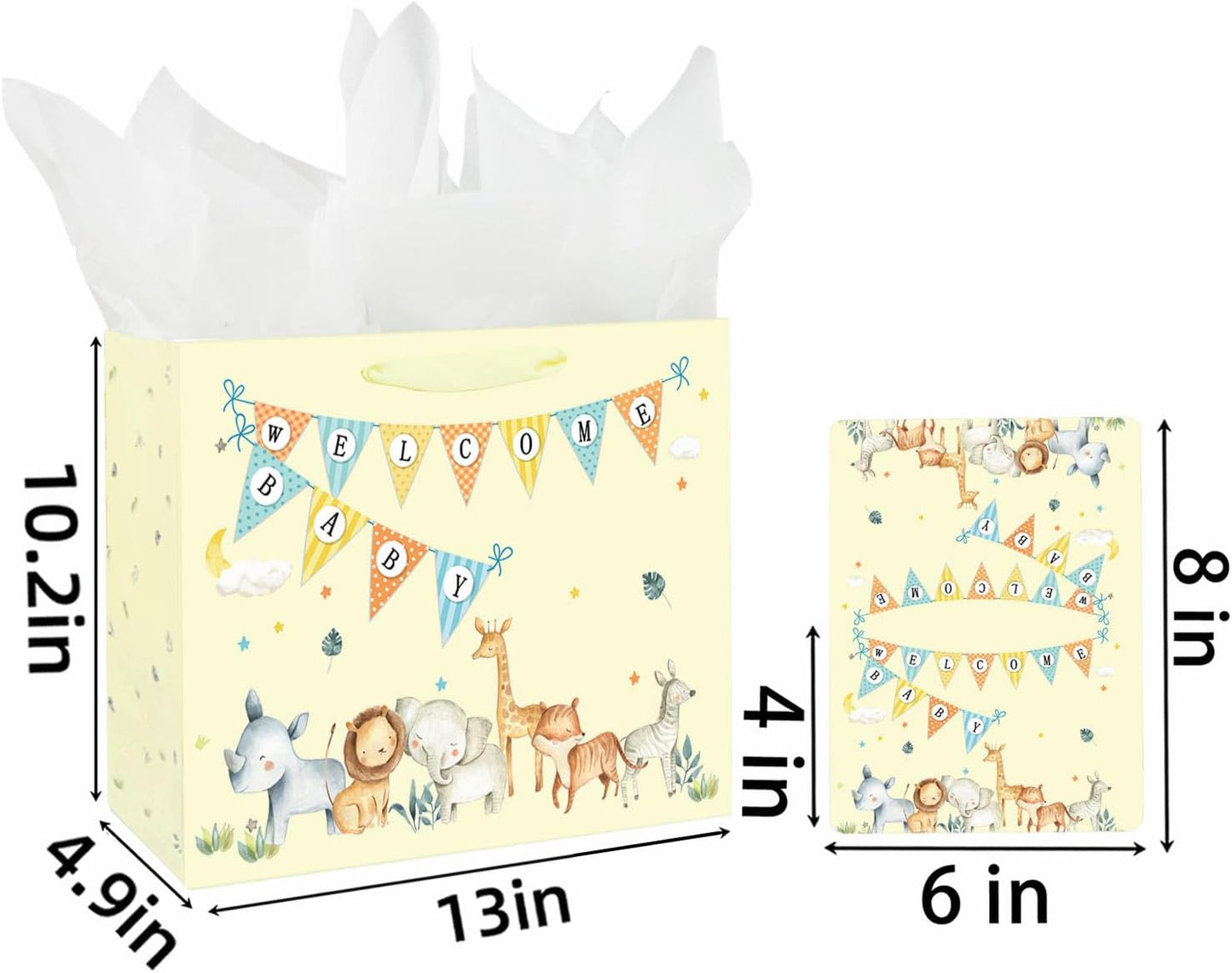 13" Large Baby Boy Girl Gift Bag for Baby Shower with Tissue Paper and Greeting Card (Yellow) | With Handles, Tissue Paper and Card