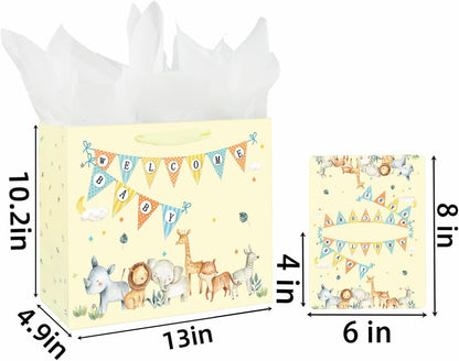 13" Large Baby Boy Girl Gift Bag for Baby Shower with Tissue Paper and Greeting Card (Yellow) | With Handles, Tissue Paper and Card