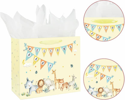 13" Large Baby Boy Girl Gift Bag for Baby Shower with Tissue Paper and Greeting Card (Yellow) | With Handles, Tissue Paper and Card