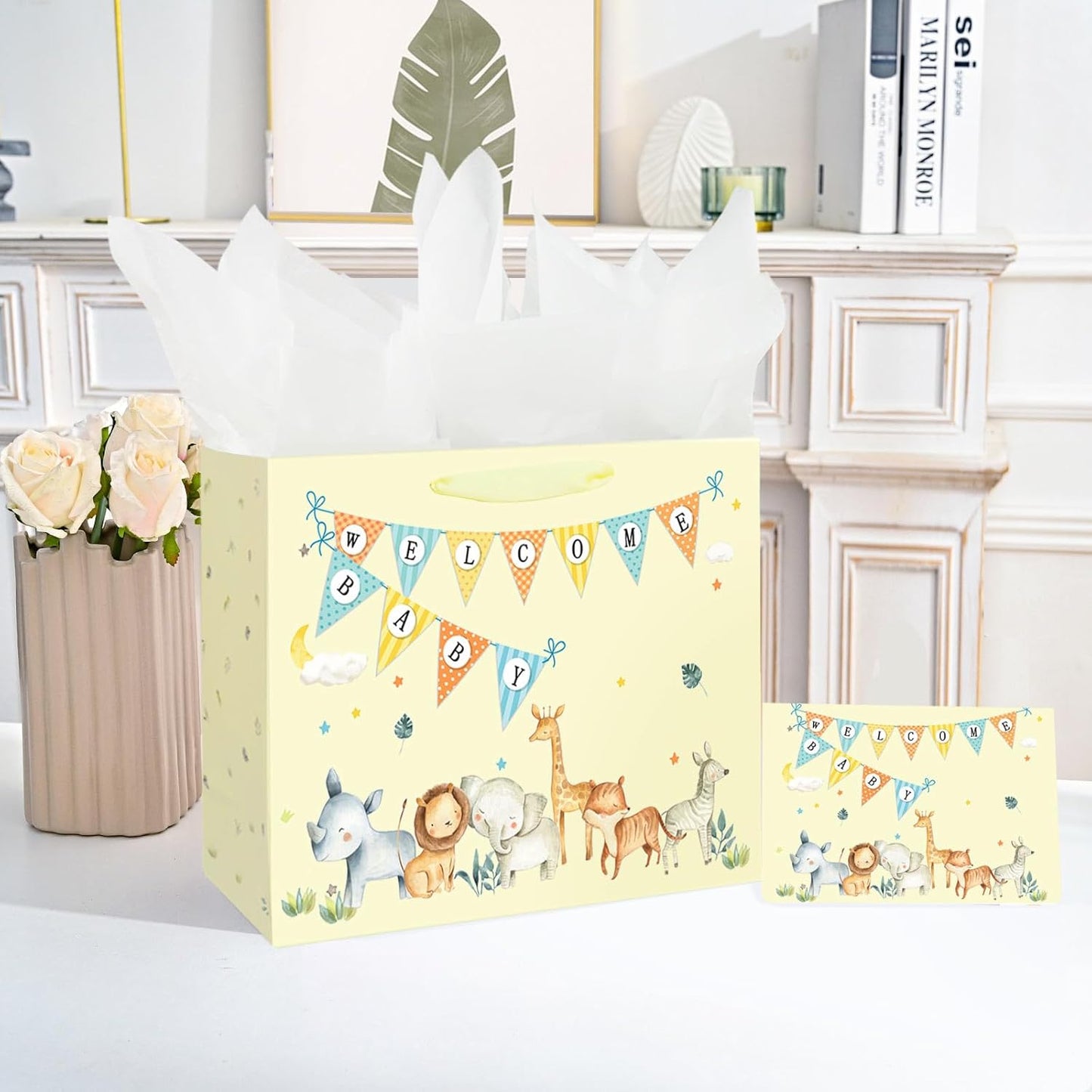 13" Large Baby Boy Girl Gift Bag for Baby Shower with Tissue Paper and Greeting Card (Yellow) | With Handles, Tissue Paper and Card