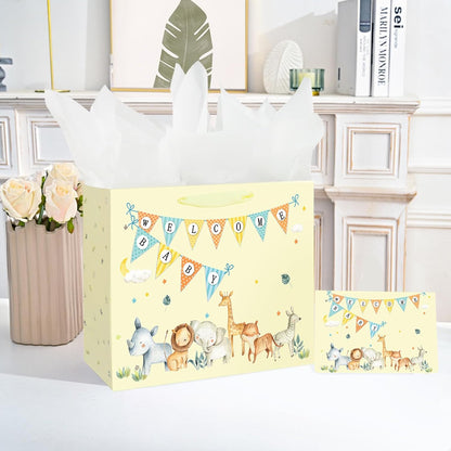 13" Large Baby Boy Girl Gift Bag for Baby Shower with Tissue Paper and Greeting Card (Yellow) | With Handles, Tissue Paper and Card