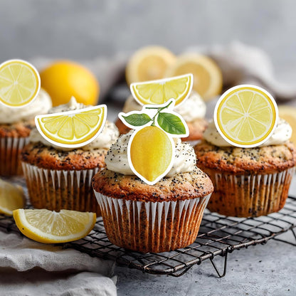 50 PCS Edible Lemon Cupcake Toppers Wafer Paper Lemons Fruit Cake Toppers Edible Lemon Party Decorations Lemonade Theme Baby Shower Wedding Bridal Shower Birthday Party Decor Supplies Yellow