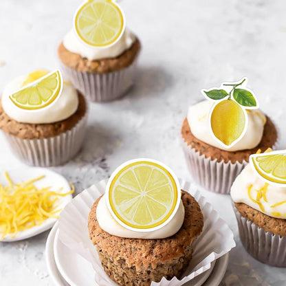 50 PCS Edible Lemon Cupcake Toppers Wafer Paper Lemons Fruit Cake Toppers Edible Lemon Party Decorations Lemonade Theme Baby Shower Wedding Bridal Shower Birthday Party Decor Supplies Yellow
