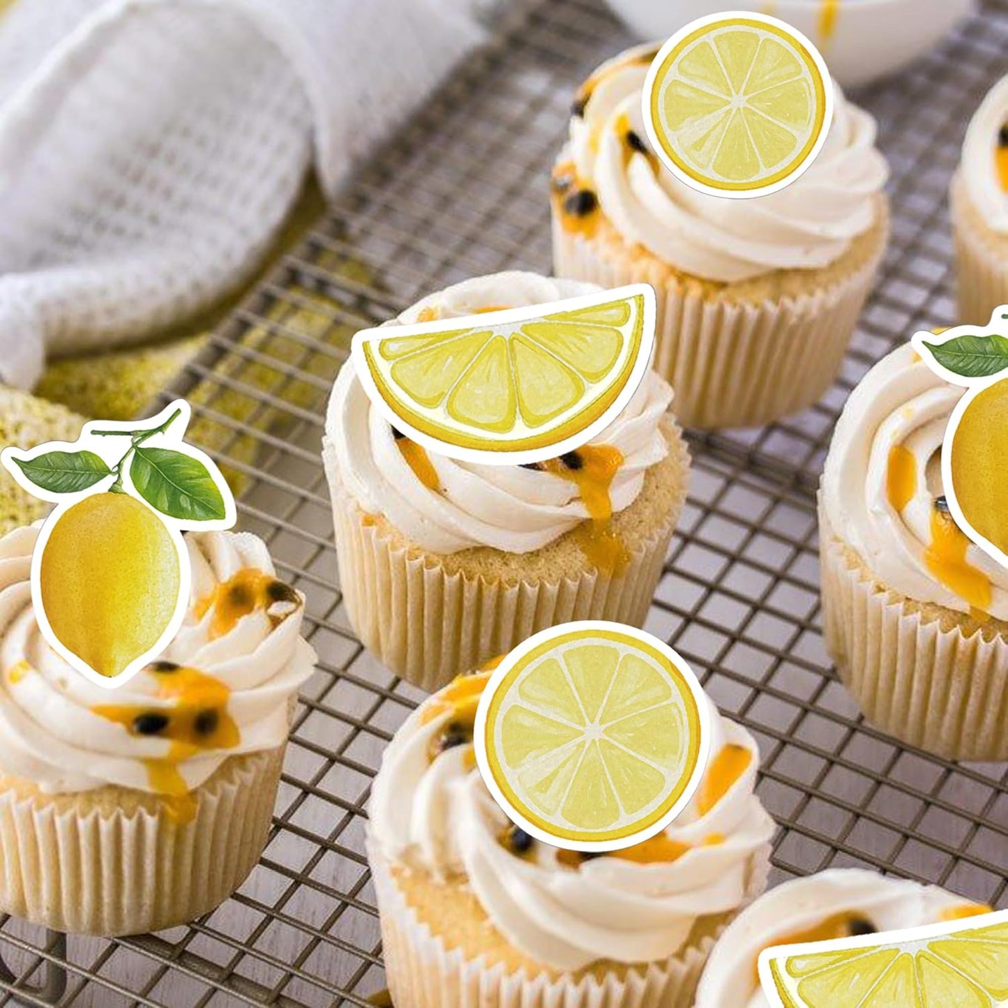 50 PCS Edible Lemon Cupcake Toppers Wafer Paper Lemons Fruit Cake Toppers Edible Lemon Party Decorations Lemonade Theme Baby Shower Wedding Bridal Shower Birthday Party Decor Supplies Yellow