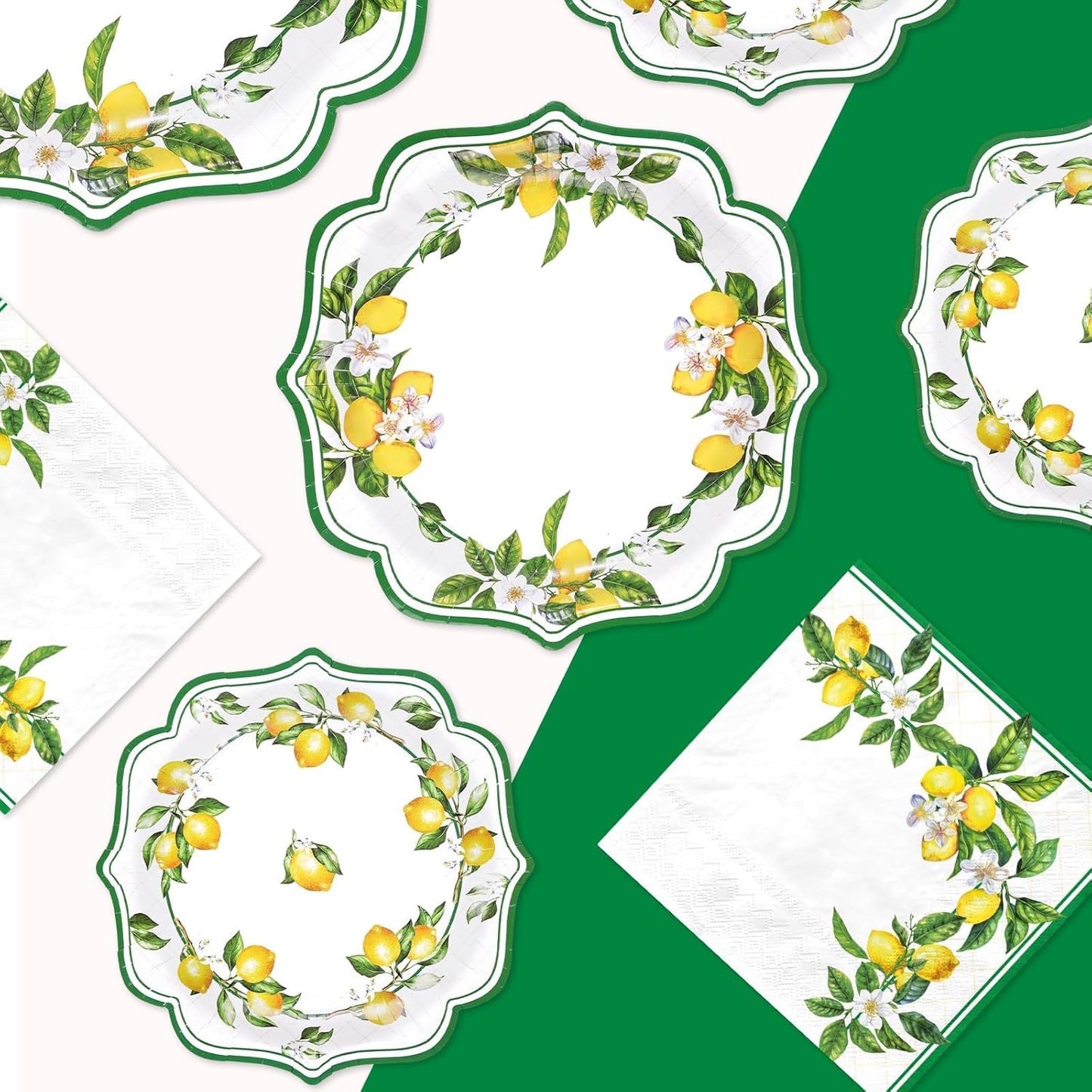 250Pcs Lemon Party Decorations Green Lines Lemon Plates and Napkins Yellow Lemons Theme Birthday Tableware Set for Spring Summer Lemons Bridal Shower Baby Birthday Party Supplies, Serves 50