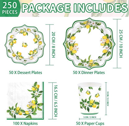 250Pcs Lemon Party Decorations Green Lines Lemon Plates and Napkins Yellow Lemons Theme Birthday Tableware Set for Spring Summer Lemons Bridal Shower Baby Birthday Party Supplies, Serves 50
