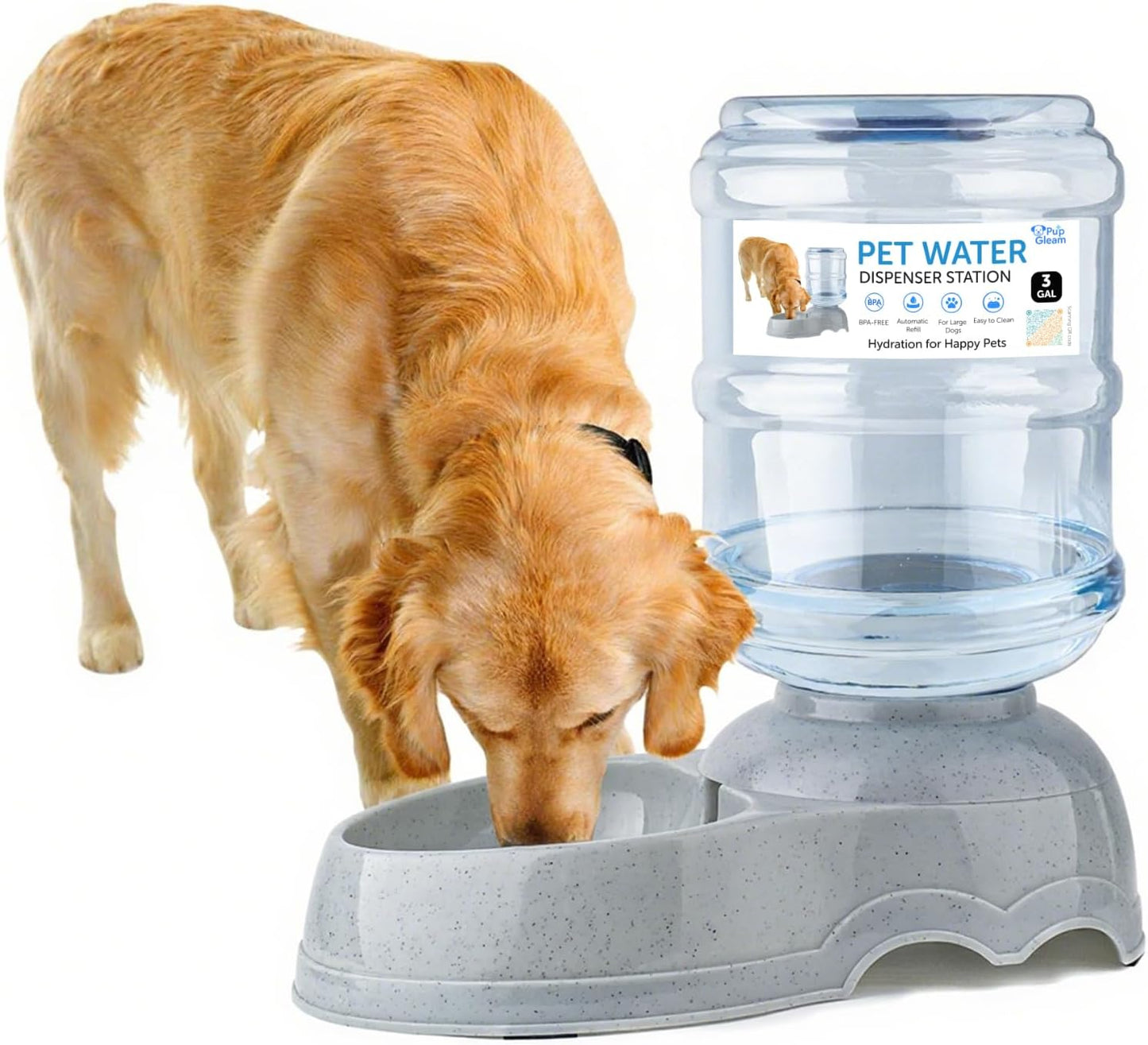 3 Gallon Large Dog Water Dispenser, Automatic Gravity Pet Waterer Station for Large Dogs and Multiple Pets, Indoor/Outdoor Dog Water Bowl with Anti-Slip Base, BPA-Free, Grey