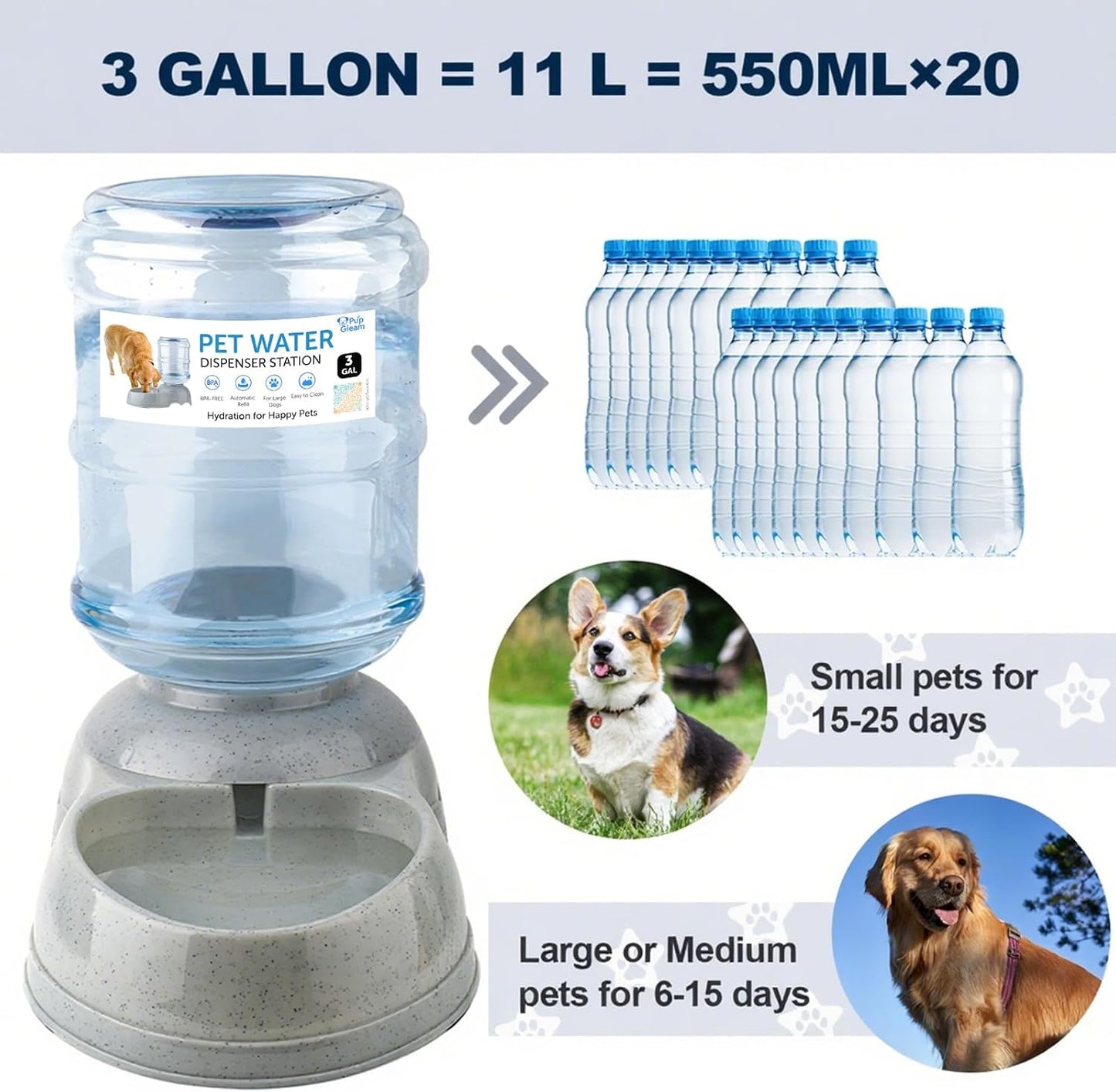 3 Gallon Large Dog Water Dispenser, Automatic Gravity Pet Waterer Station for Large Dogs and Multiple Pets, Indoor/Outdoor Dog Water Bowl with Anti-Slip Base, BPA-Free, Grey