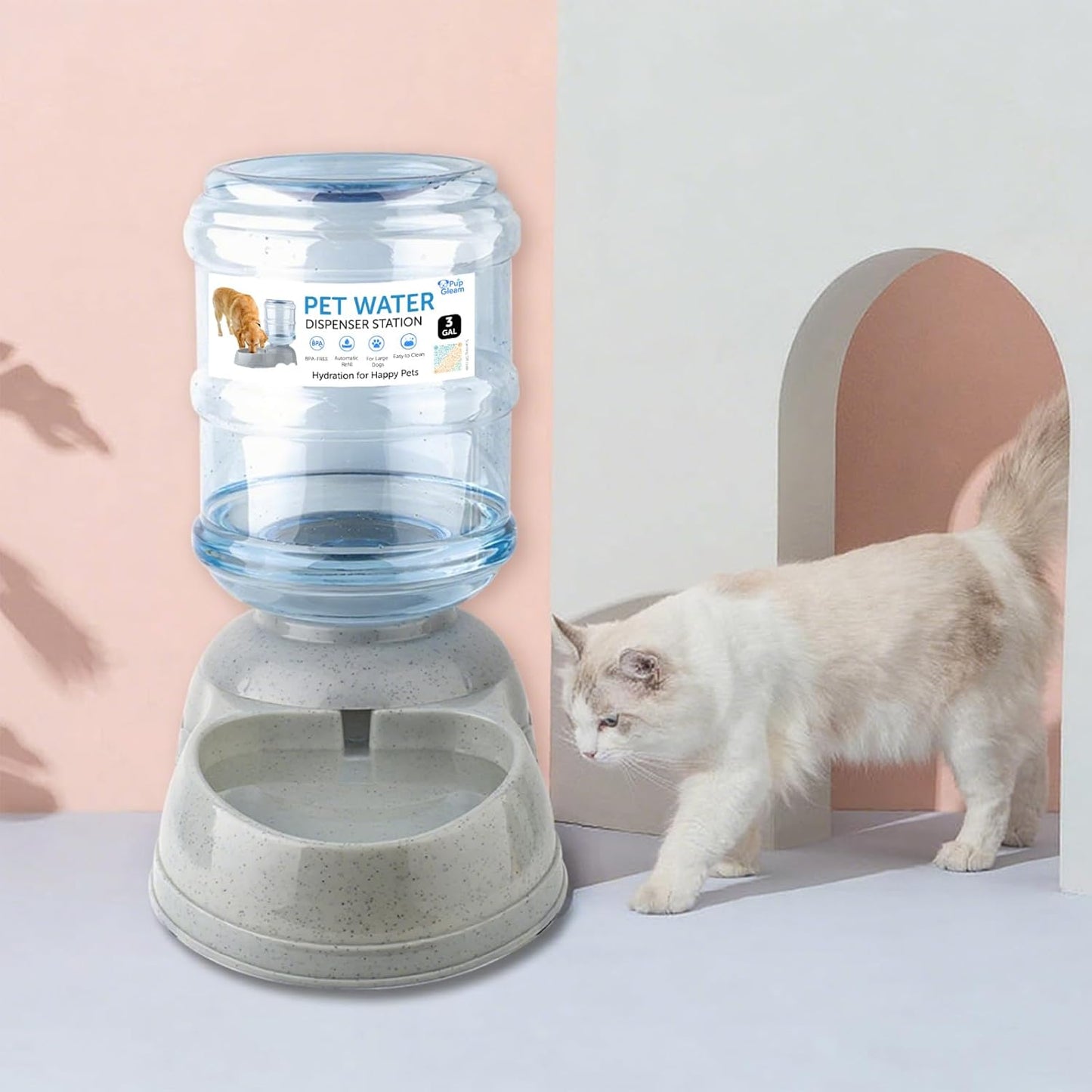 3 Gallon Large Dog Water Dispenser, Automatic Gravity Pet Waterer Station for Large Dogs and Multiple Pets, Indoor/Outdoor Dog Water Bowl with Anti-Slip Base, BPA-Free, Grey
