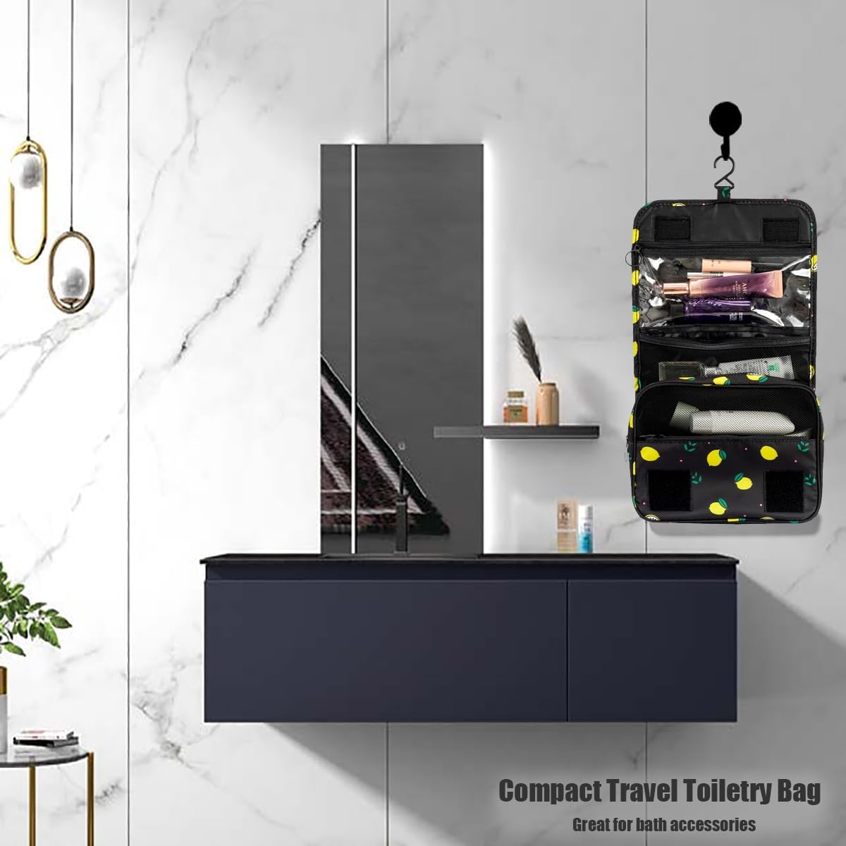 Multifunction Portable Travel Toiletry Bag Cosmetic Makeup Pouch Toiletry Case Wash Organizer (Black Lemon)