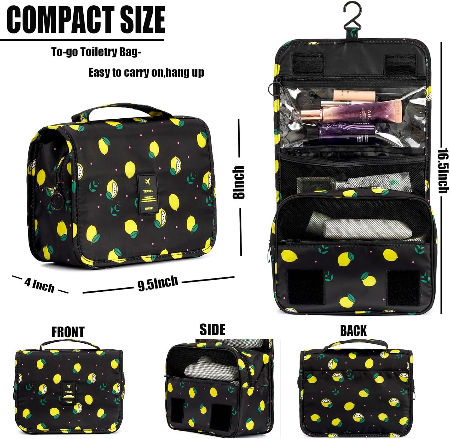 Multifunction Portable Travel Toiletry Bag Cosmetic Makeup Pouch Toiletry Case Wash Organizer (Black Lemon)