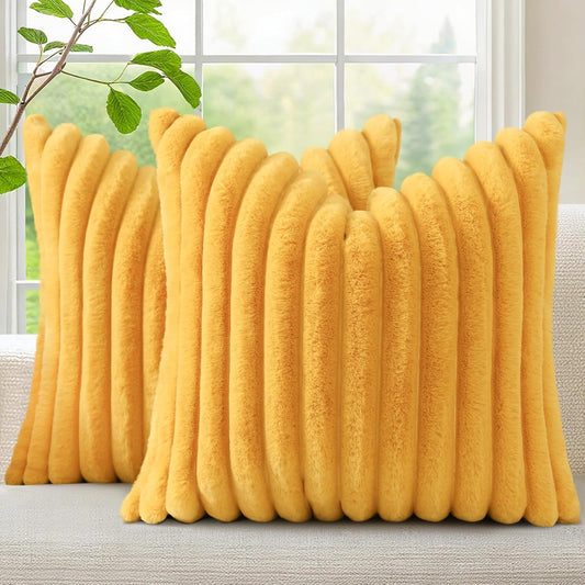 Fall Faux Fur Throw Pillow Covers 22x22 Set of 2 Mustard Yellow | Decorative Soft Cozy Striped Plush Modern Farmhouse Boho Couch Pillow Cases Velvet Back for Sofa Bed Living Room Home Decor