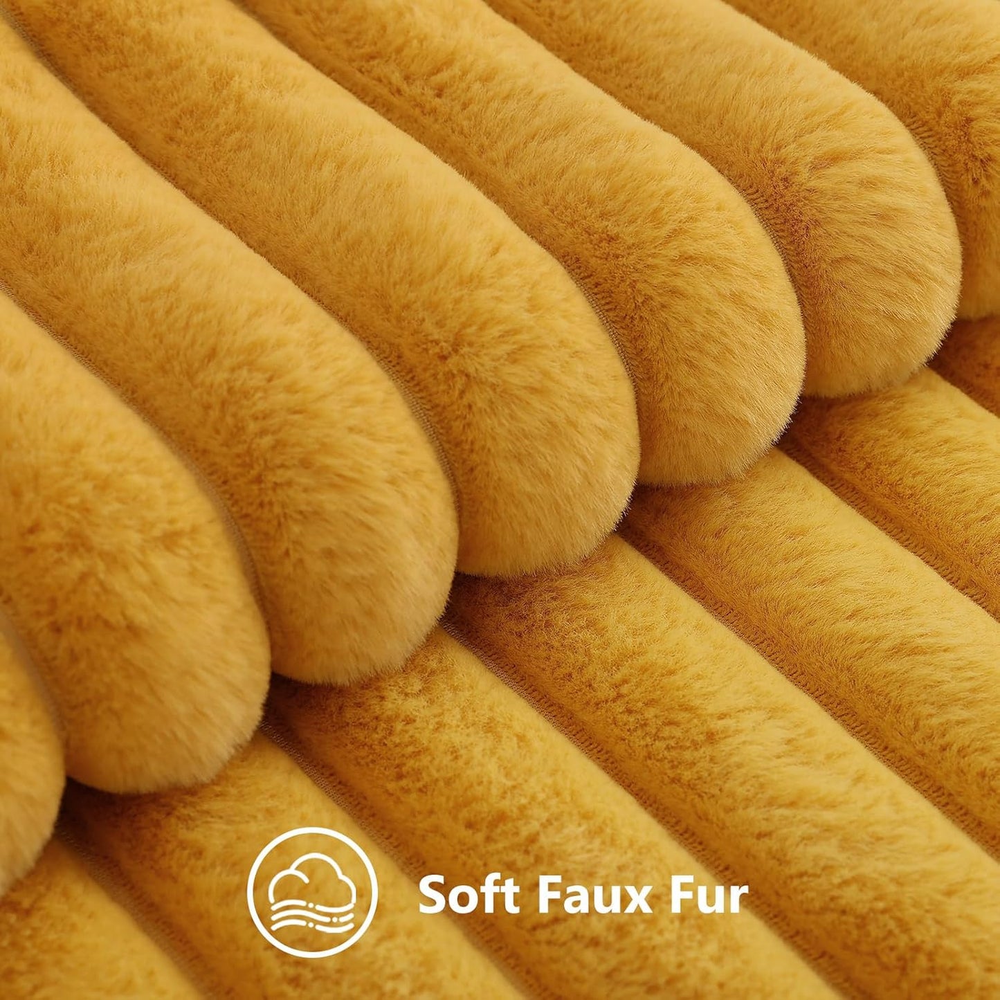 Fall Faux Fur Throw Pillow Covers 22x22 Set of 2 Mustard Yellow | Decorative Soft Cozy Striped Plush Modern Farmhouse Boho Couch Pillow Cases Velvet Back for Sofa Bed Living Room Home Decor