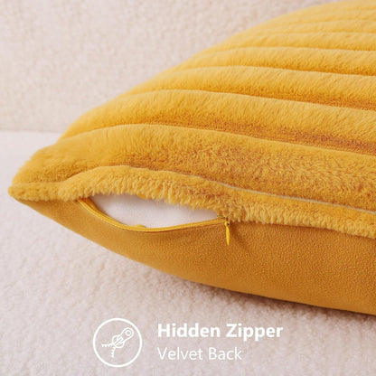 Fall Faux Fur Throw Pillow Covers 22x22 Set of 2 Mustard Yellow | Decorative Soft Cozy Striped Plush Modern Farmhouse Boho Couch Pillow Cases Velvet Back for Sofa Bed Living Room Home Decor