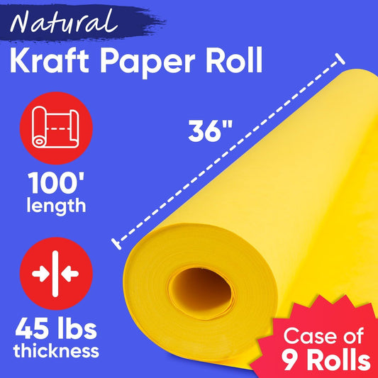 36" x 1200" (100 ft) Yellow Kraft Paper (Case of 9 Rolls), 45 lbs Thickness, Kraft Paper for School, Art Colored Paper, Gift Wrapping Paper, Packing Paper for Moving