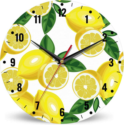 Clocks for Living Room,Lemon Wall Clock Battery Operated 10 Inch,Tropical Fruit Leaves Round Clock Silent Non-Ticking Wall Decor for Farmhouse Office Home School Living Room Bedroom
