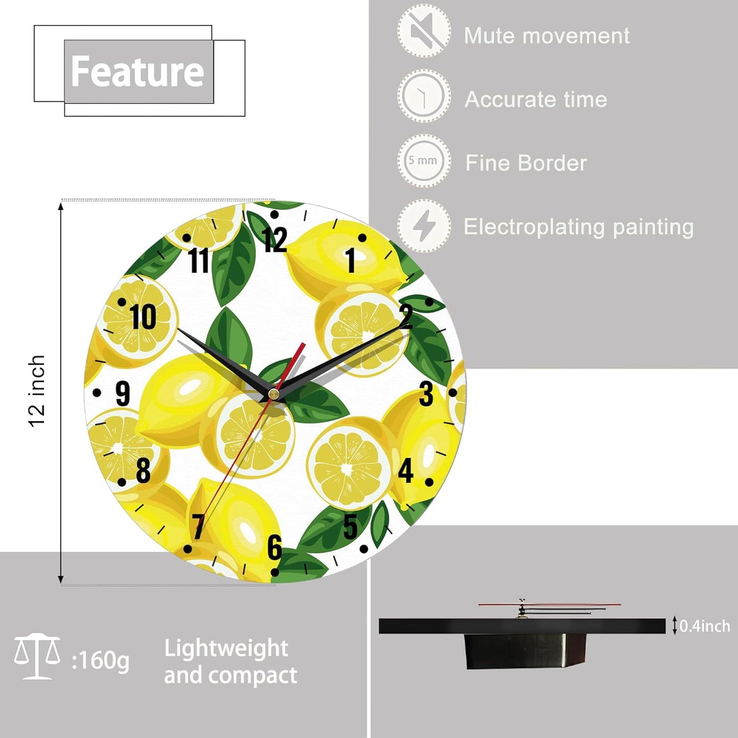 Clocks for Living Room,Lemon Wall Clock Battery Operated 10 Inch,Tropical Fruit Leaves Round Clock Silent Non-Ticking Wall Decor for Farmhouse Office Home School Living Room Bedroom
