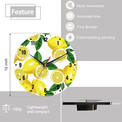 Clocks for Living Room,Lemon Wall Clock Battery Operated 10 Inch,Tropical Fruit Leaves Round Clock Silent Non-Ticking Wall Decor for Farmhouse Office Home School Living Room Bedroom