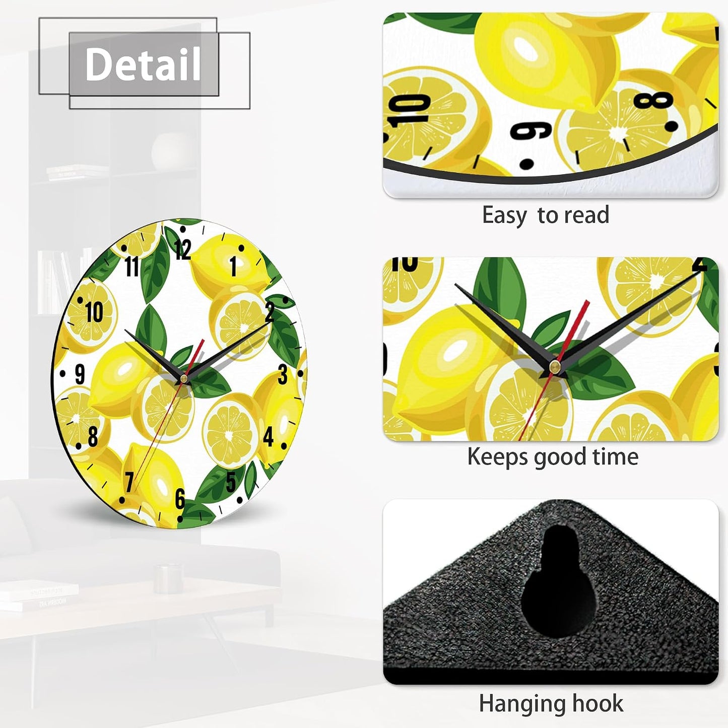 Clocks for Living Room,Lemon Wall Clock Battery Operated 10 Inch,Tropical Fruit Leaves Round Clock Silent Non-Ticking Wall Decor for Farmhouse Office Home School Living Room Bedroom