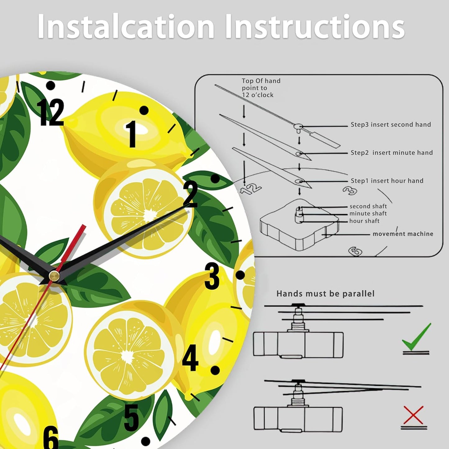 Clocks for Living Room,Lemon Wall Clock Battery Operated 10 Inch,Tropical Fruit Leaves Round Clock Silent Non-Ticking Wall Decor for Farmhouse Office Home School Living Room Bedroom