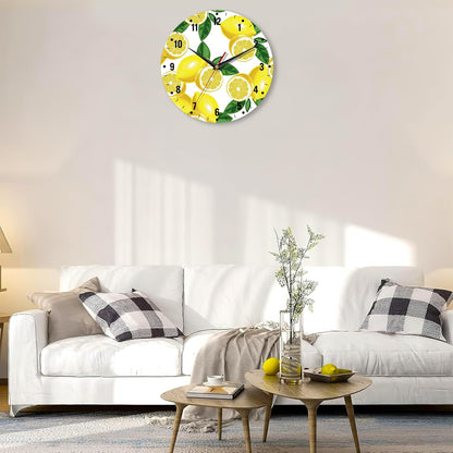 Clocks for Living Room,Lemon Wall Clock Battery Operated 10 Inch,Tropical Fruit Leaves Round Clock Silent Non-Ticking Wall Decor for Farmhouse Office Home School Living Room Bedroom