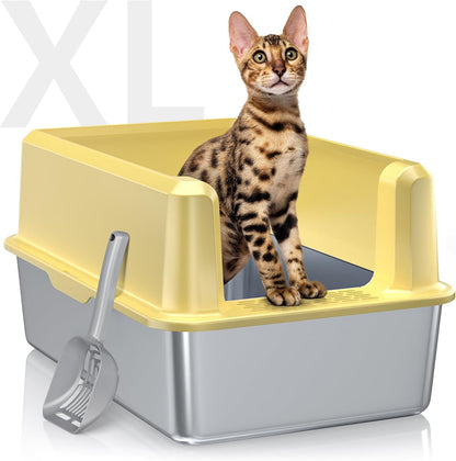 Stainless Steel , XL High Sided Open Top Litter Pan, 1 Scoop | Extra Large Litter Box for Big Cats, High Sides, Anti-Urine Leakage, Non-Stick, Odor-Free, Easy Clean, Reduce Litter Tracking