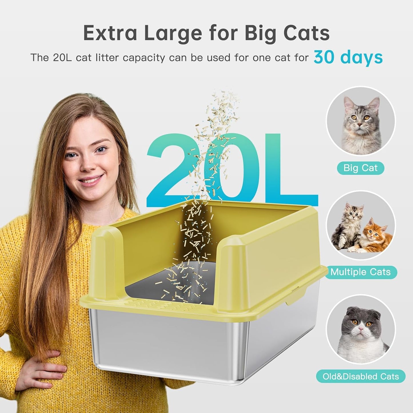 Stainless Steel , XL High Sided Open Top Litter Pan, 1 Scoop | Extra Large Litter Box for Big Cats, High Sides, Anti-Urine Leakage, Non-Stick, Odor-Free, Easy Clean, Reduce Litter Tracking
