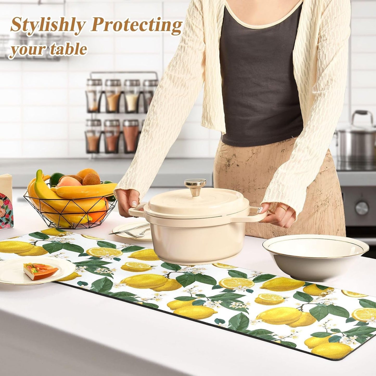 2 in 1 Table Runner Trivet for Hot Pots and Pans Heat Resistant Non Slip Waterproof 39 x 12 Inch Decorative Table Protector for Kitchen Countertop Lemon Branch Flower