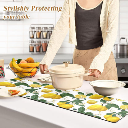 2 in 1 Table Runner Trivet for Hot Pots and Pans Heat Resistant Non Slip Waterproof 39 x 12 Inch Decorative Table Protector for Kitchen Countertop Lemon Branch Flower