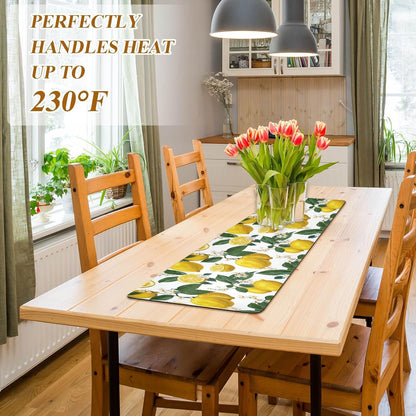 2 in 1 Table Runner Trivet for Hot Pots and Pans Heat Resistant Non Slip Waterproof 39 x 12 Inch Decorative Table Protector for Kitchen Countertop Lemon Branch Flower