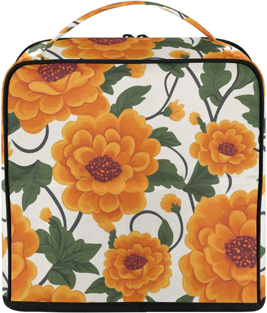 Designed Standing Makeup Bag Yellow Vintage Flowers | with dividers ,Waterproof Travel Cosmetic Bag For Women,Phone/Mirror Holder