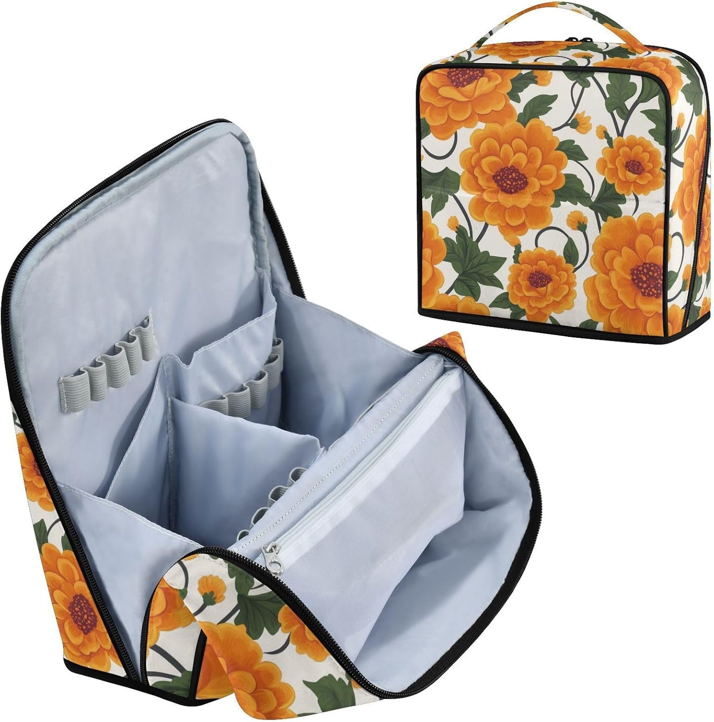 Designed Standing Makeup Bag Yellow Vintage Flowers | with dividers ,Waterproof Travel Cosmetic Bag For Women,Phone/Mirror Holder