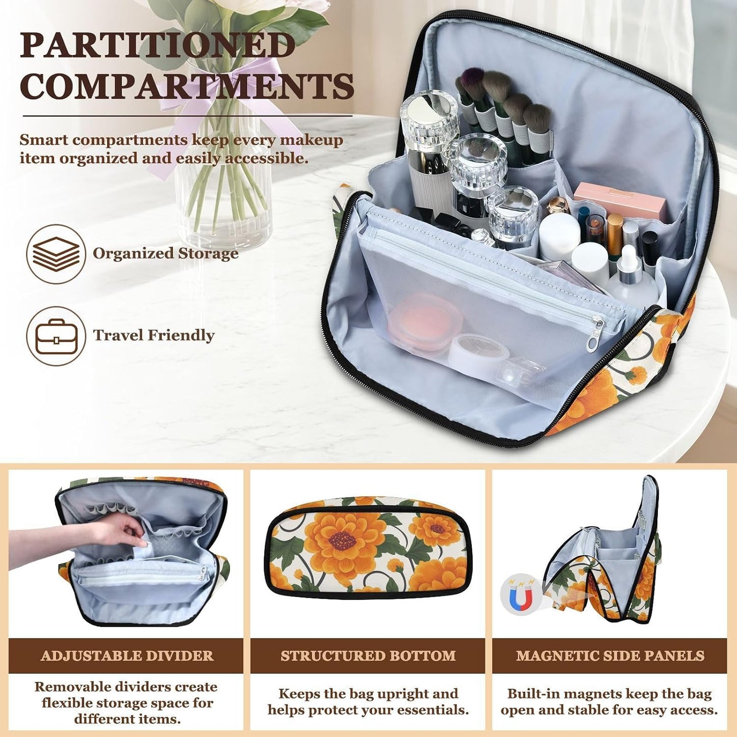 Designed Standing Makeup Bag Yellow Vintage Flowers | with dividers ,Waterproof Travel Cosmetic Bag For Women,Phone/Mirror Holder